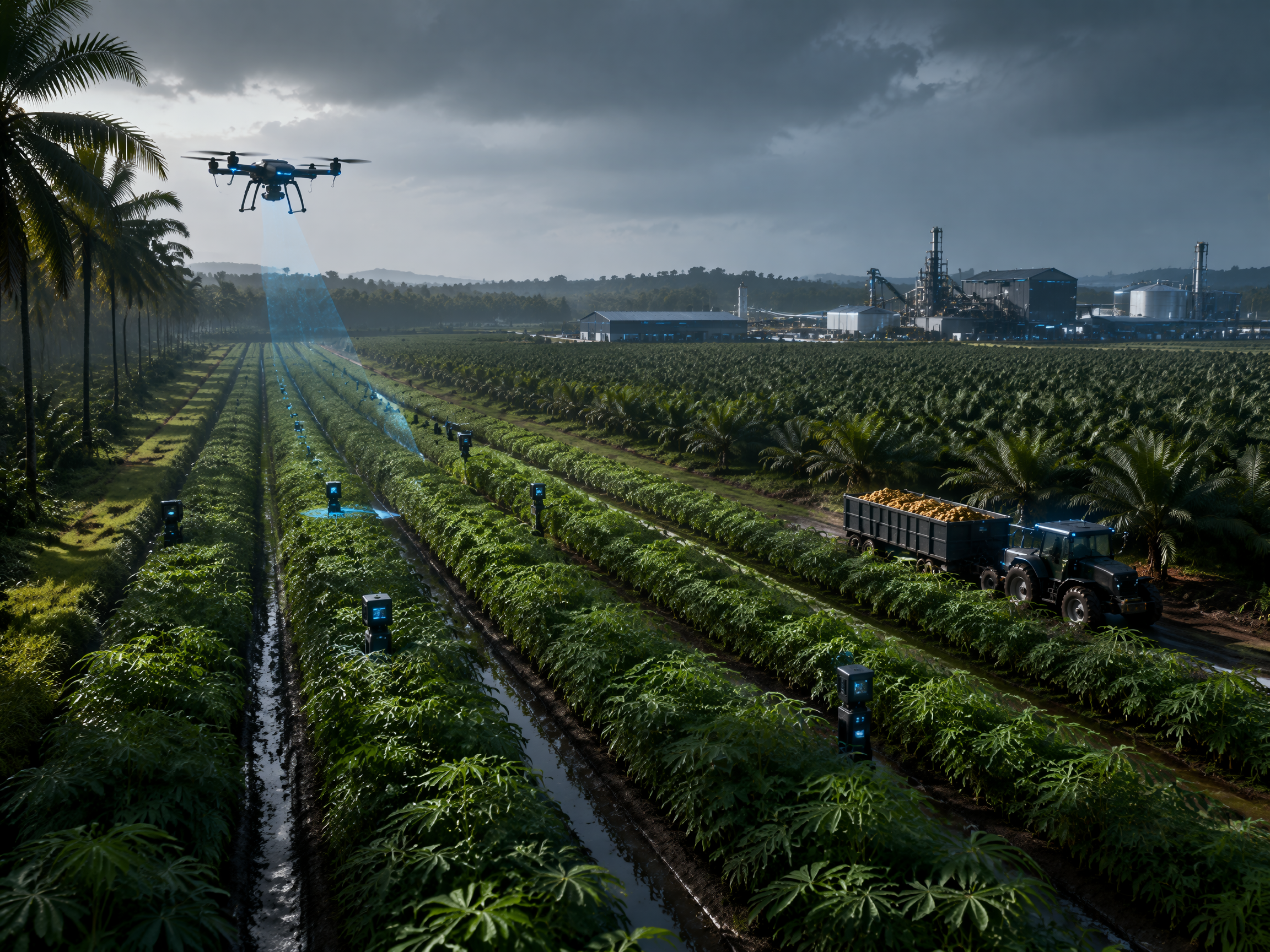 Smart cassava and palm farming operation using sensors and aerial monitoring