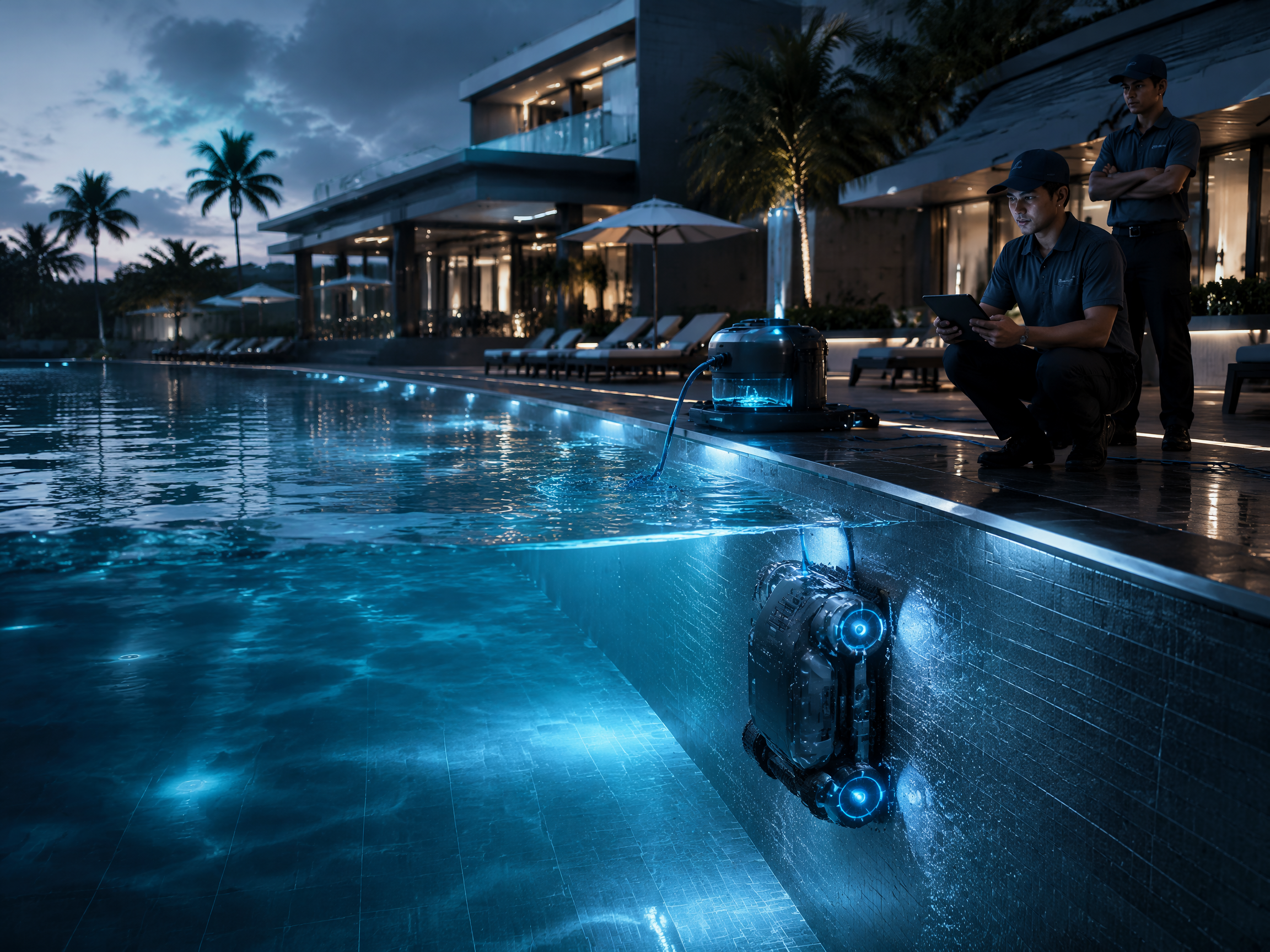 Robotic pool-cleaning system operating in a luxury commercial resort pool with local service operators